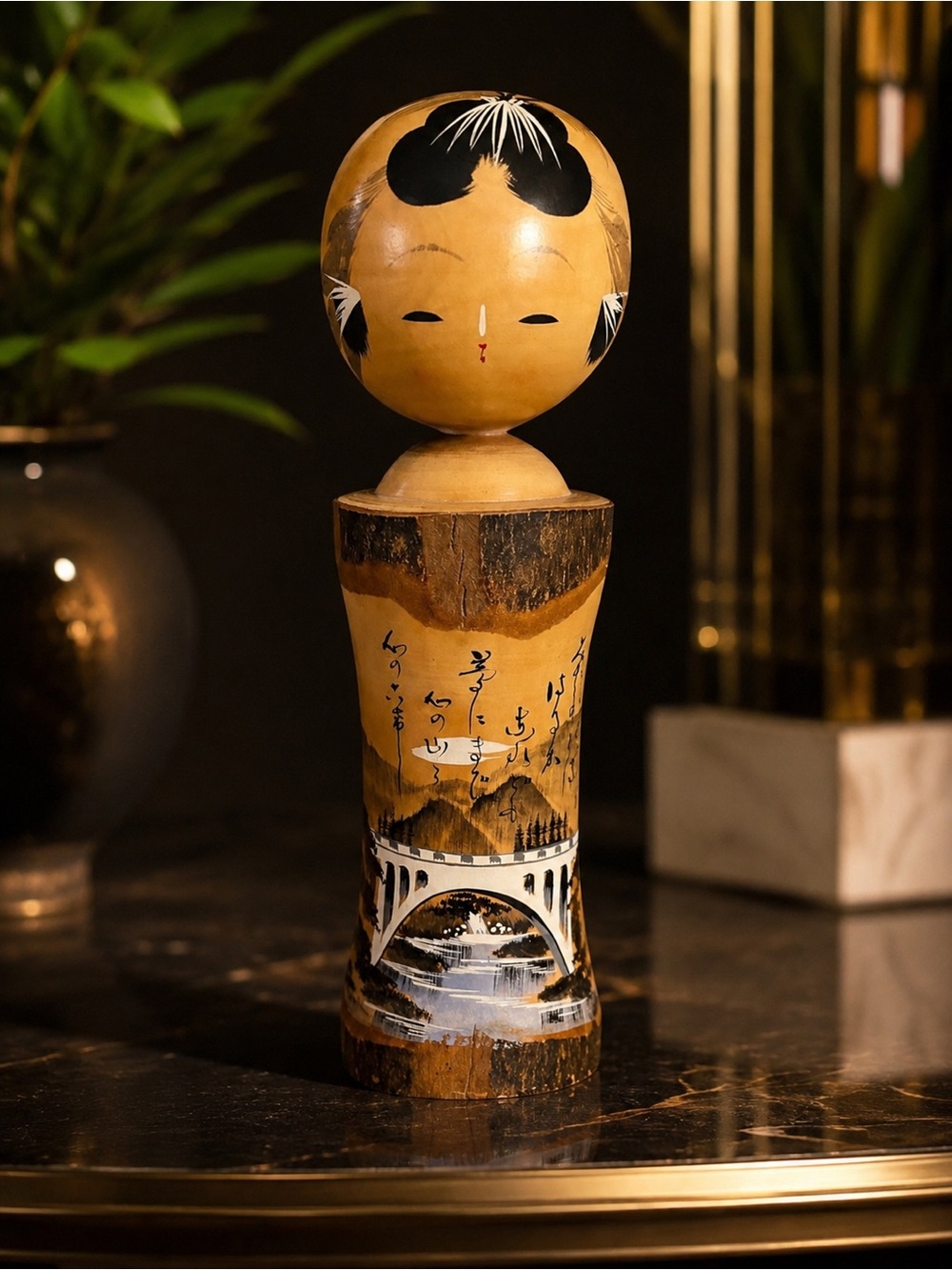Vtg. Japanese Kokeshi Doll Large 12” Signed Hand Painted Scenic Bridge Wood Art